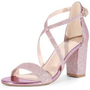 Glitter Dress Pumps Open Toe Crisscross Strap Chunky Heel Sandals Pink
